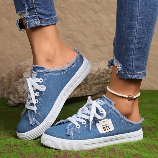 Women's Simple Canvas Shoes, Casual Lace Up Mule Sneakers, Lightweight & Comfortable Shoes