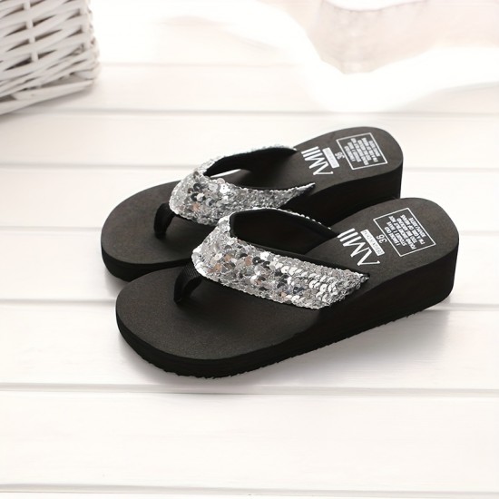 Women's Sequins Flip Flops, Fashion Lightweight Summer Slide Shoes, Casual Outdoor Beach Wedge Slides