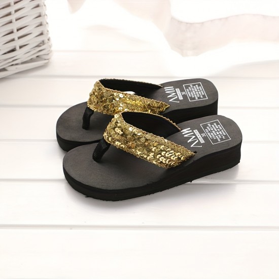 Women's Sequins Flip Flops, Fashion Lightweight Summer Slide Shoes, Casual Outdoor Beach Wedge Slides
