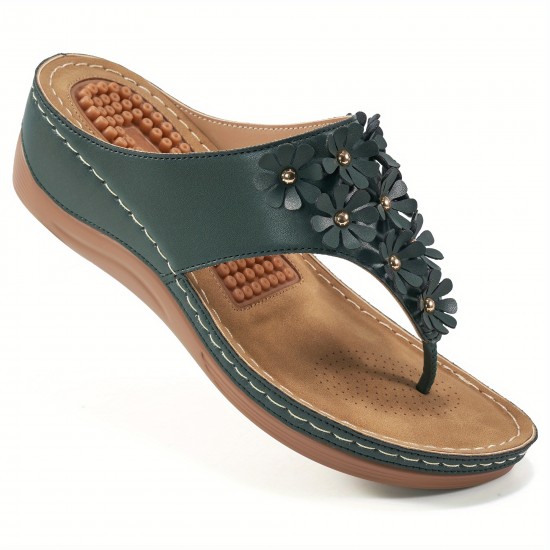 Women's Flower Decor Flip Flops, Casual Soft Sole Massage Slide Sandals With Arch Supports, Outdoor Non Slip Sandals