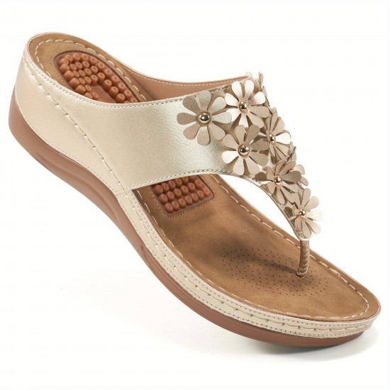 Women's Flower Decor Flip Flops, Casual Soft Sole Massage Slide Sandals With Arch Supports, Outdoor Non Slip Sandals