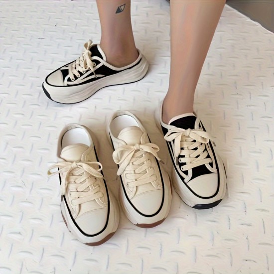 Women's Platform Canvas Shoes, Casual Lace Up Mule Sneakers, Versatile & All-Match Outdoor Shoes
