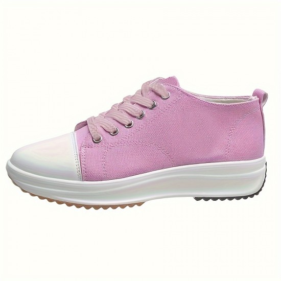 Women's Solid Color Trendy Sneakers, Lace Up Soft Sole Platform Casual Walking Shoes, Versatile Low-top Canvas Shoes
