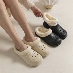 Solid Color Warm Lined Clogs, Slip On Soft Sole Platform Closed Toe Plush Shoes, Winter Non-slip Fuzzy Shoes