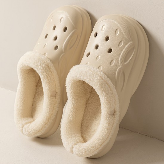 Solid Color Warm Lined Clogs, Slip On Soft Sole Platform Closed Toe Plush Shoes, Winter Non-slip Fuzzy Shoes