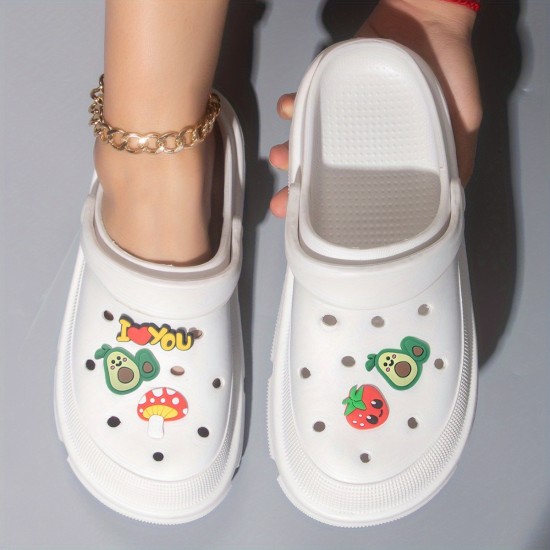 Women's Avocado & Strawberry Decor Clogs, Casual Hollow Out Design Garden Shoes, Lightweight Beach Shoes