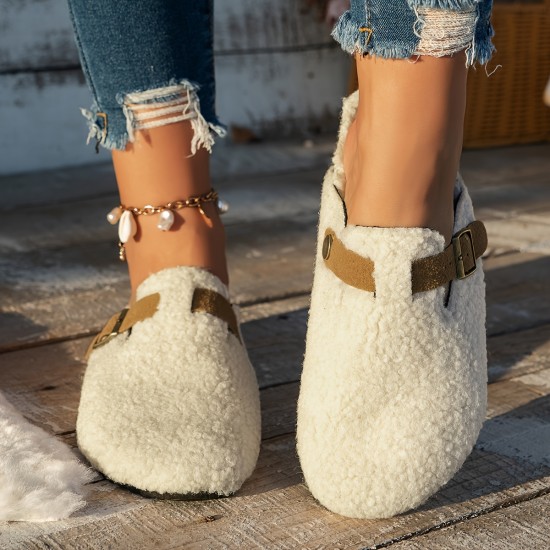 Women's Solid Color Fuzzy Mules, Slip On Soft Sole Lined Warm Shoes, Winter Non-slip Plush Shoes