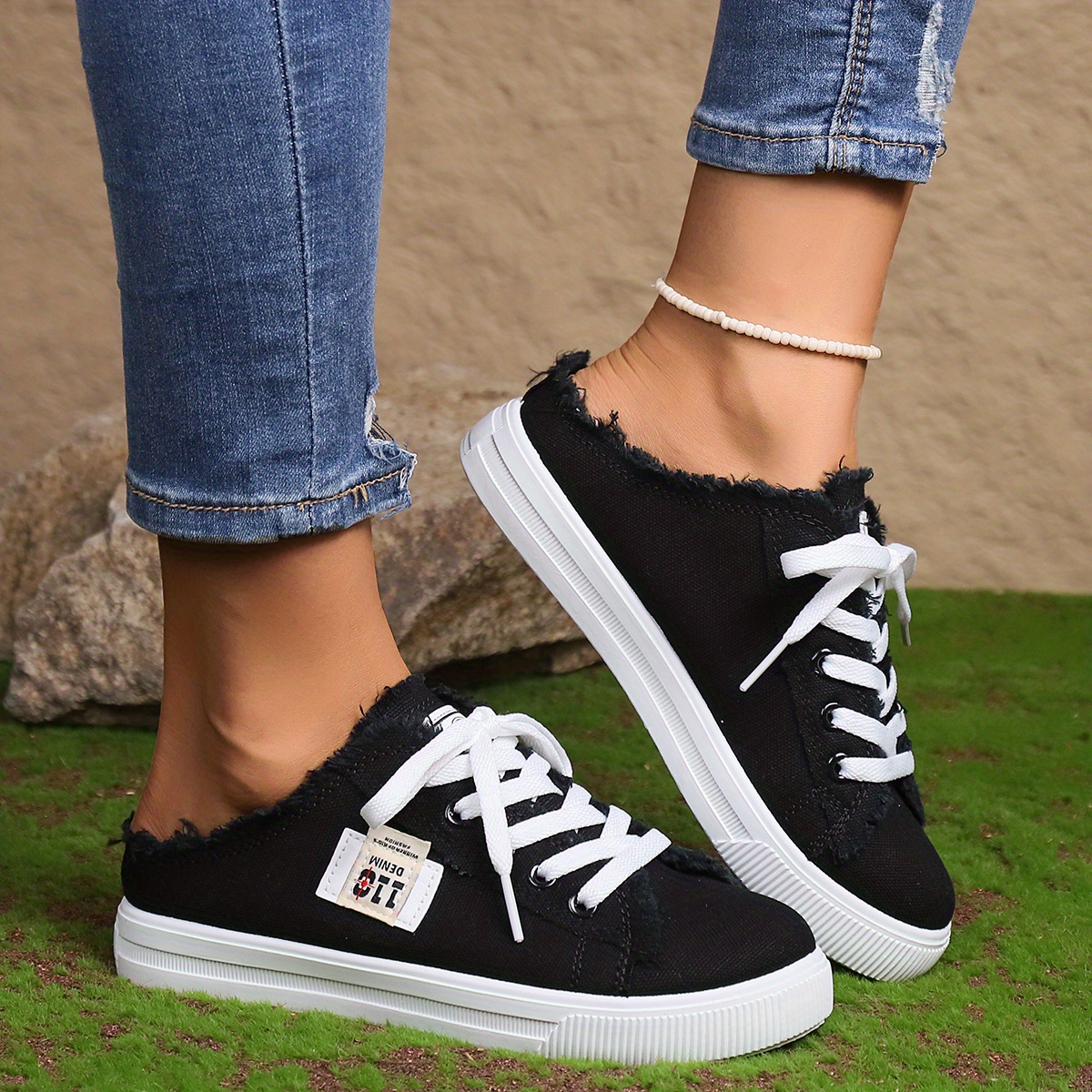 womens simple canvas shoes casual lace up mule sneakers lightweight comfortable shoes details 0