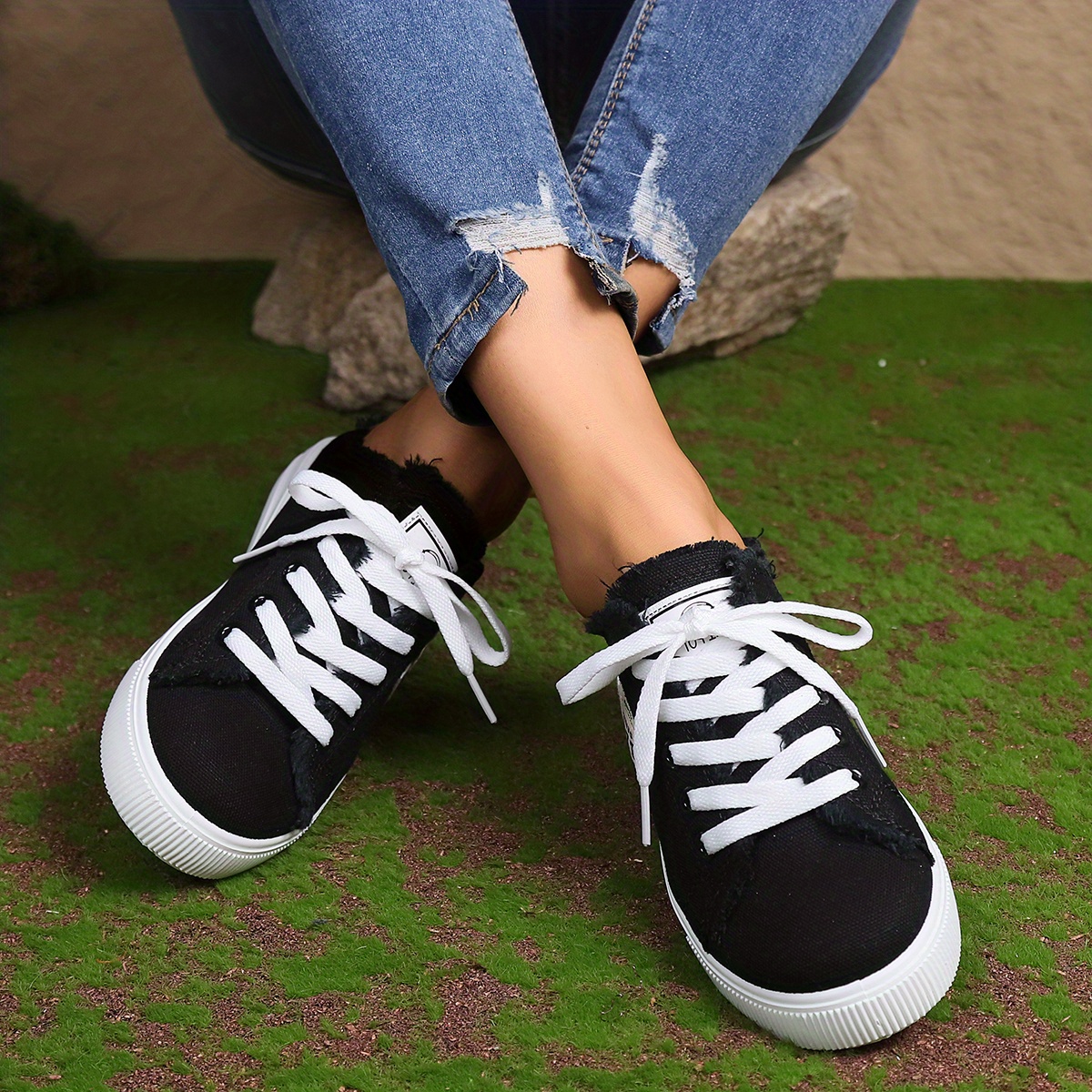 womens simple canvas shoes casual lace up mule sneakers lightweight comfortable shoes details 2