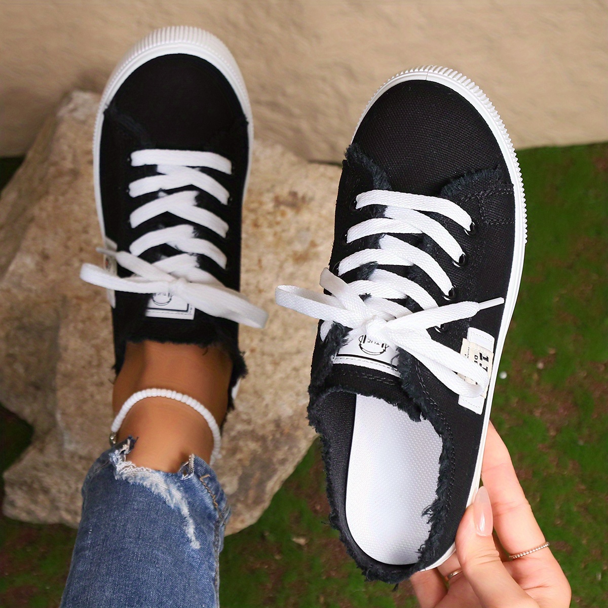 womens simple canvas shoes casual lace up mule sneakers lightweight comfortable shoes details 5