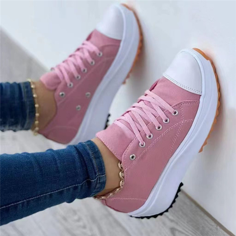 womens platform canvas sneakers solid color lace up low top trainers casualall match walking shoes details 0
