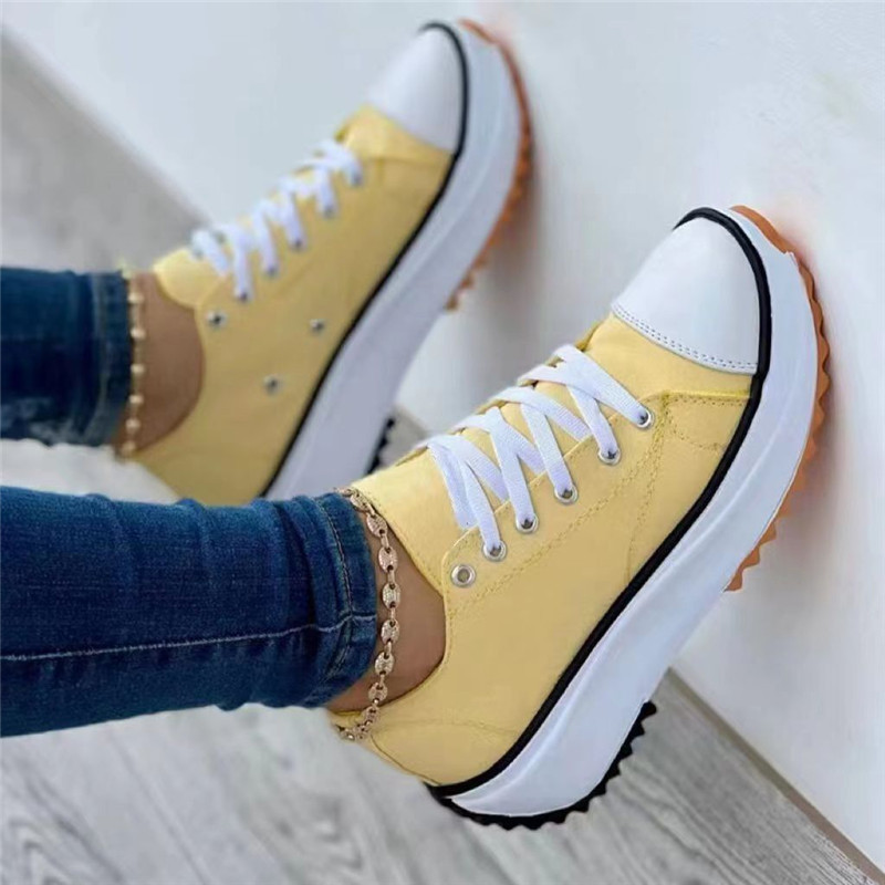 womens platform canvas sneakers solid color lace up low top trainers casualall match walking shoes details 4