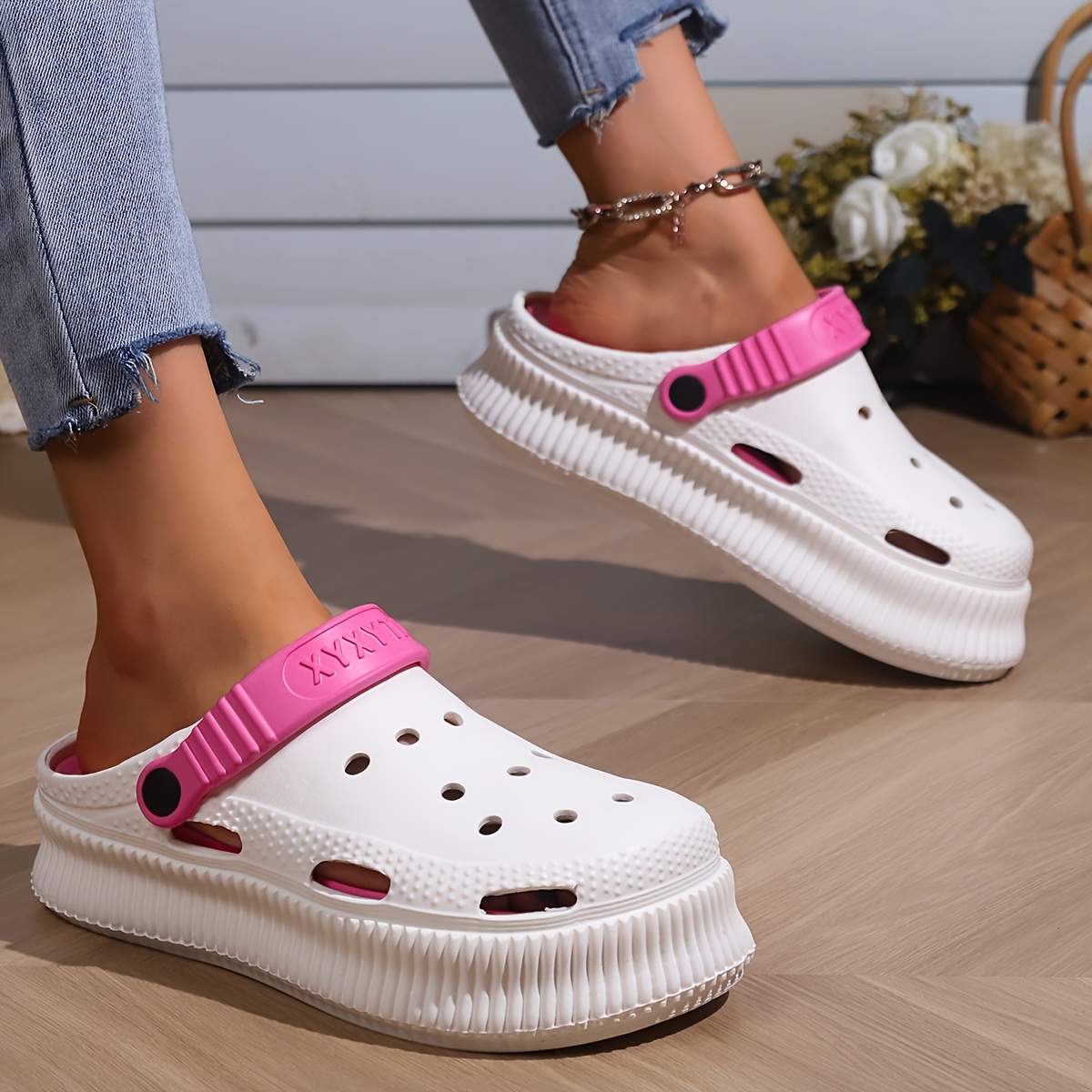 womens platform eva clogs solid color closed toe hollow out design slides breathable outdoor sandals details 7