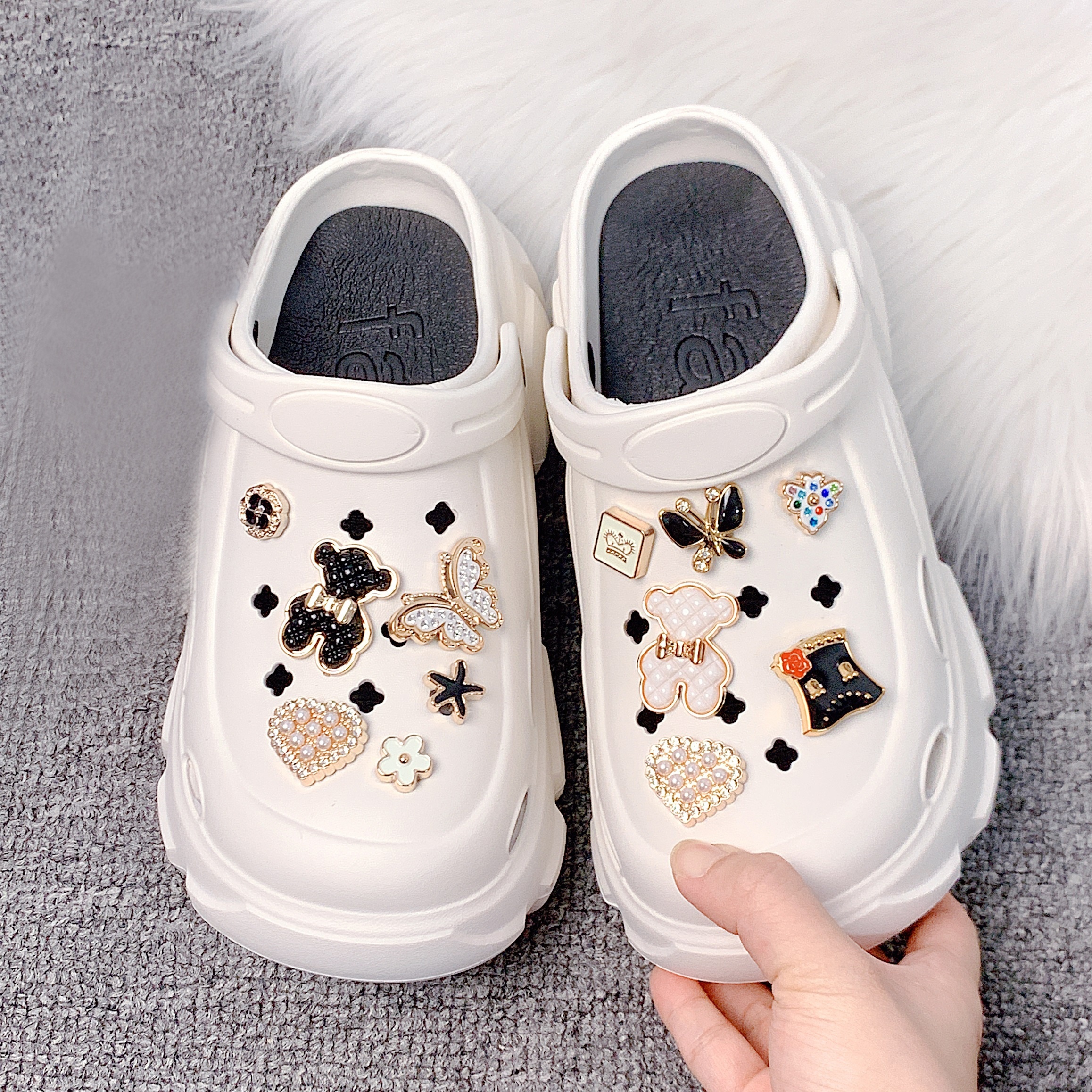 Women s Cute Bear Decor Clogs, Casual Hollow Out Design Garden Shoes, Comfortable Slip On Shoes details 4