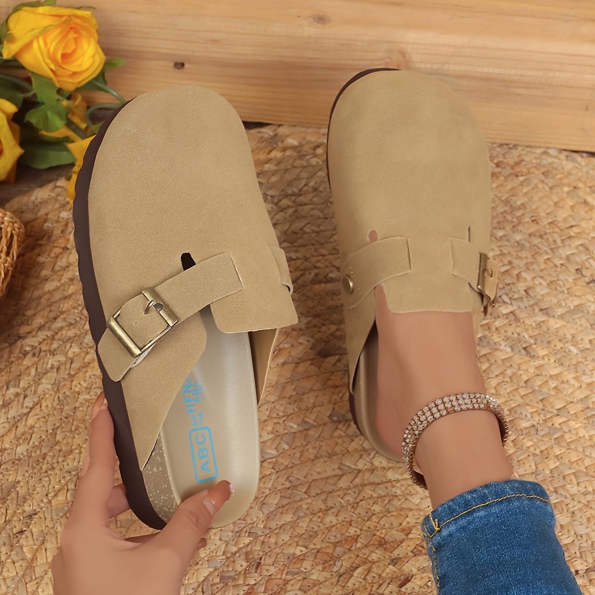 retro flat mules, womens retro flat mules solid color closed toe buckle strap slide shoes all match outdoor slides details 0