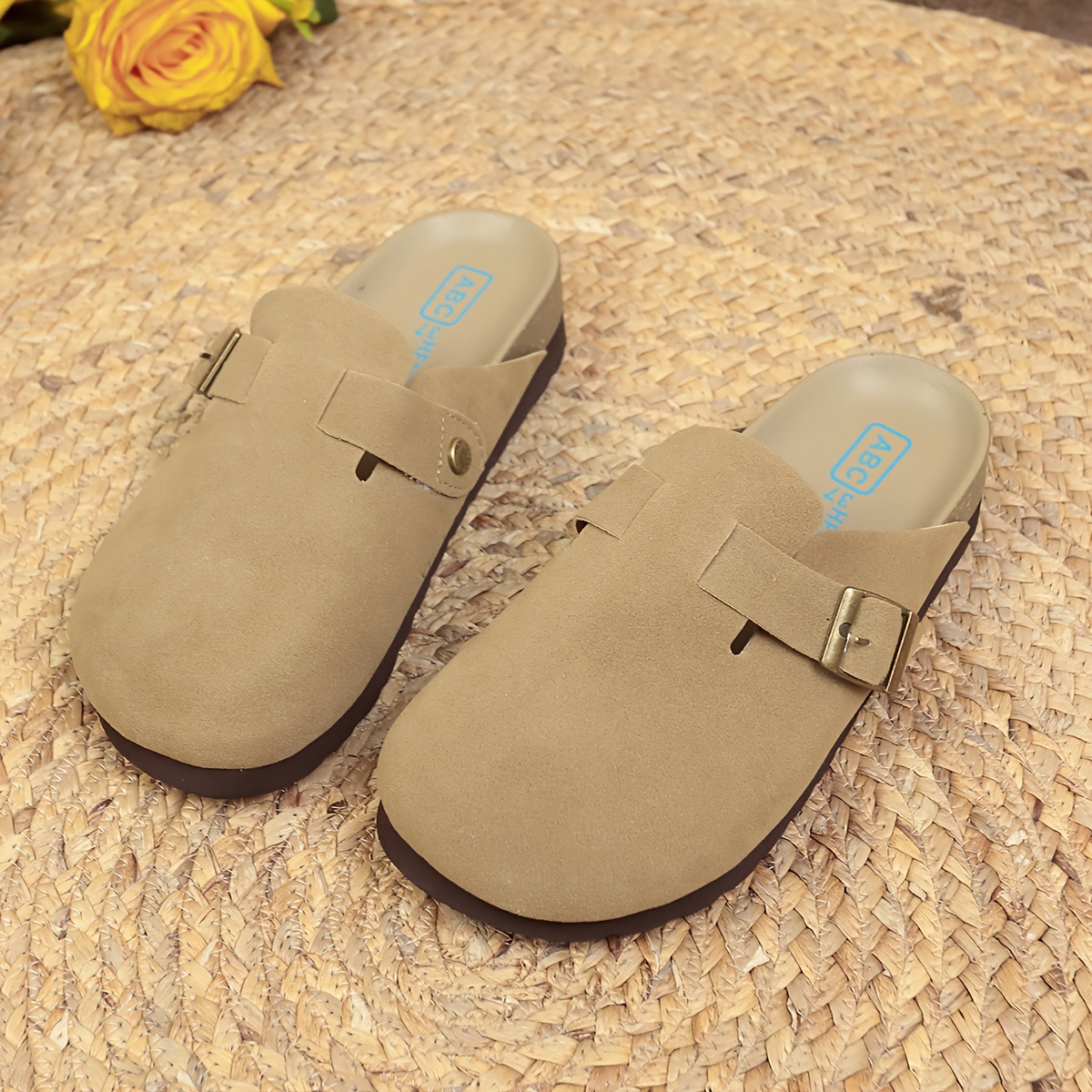 retro flat mules, womens retro flat mules solid color closed toe buckle strap slide shoes all match outdoor slides details 3