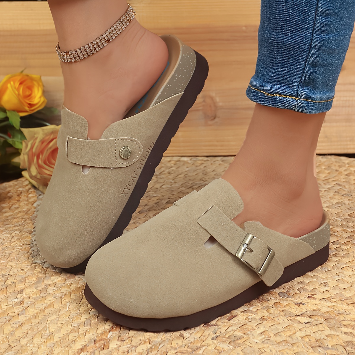 retro flat mules, womens retro flat mules solid color closed toe buckle strap slide shoes all match outdoor slides details 4