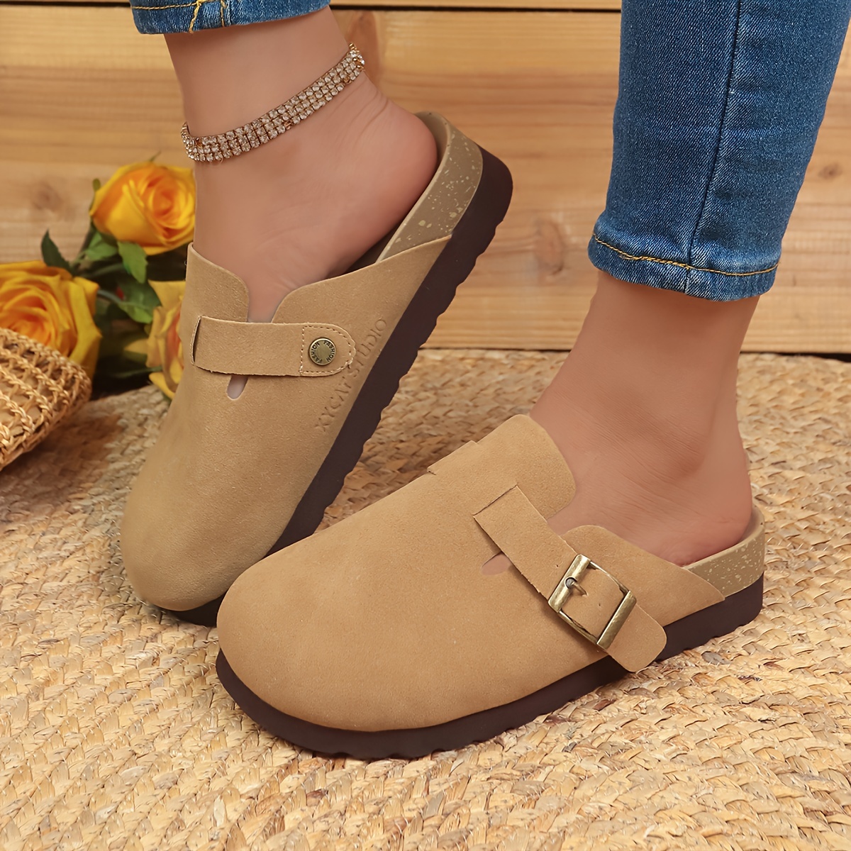 retro flat mules, womens retro flat mules solid color closed toe buckle strap slide shoes all match outdoor slides details 10