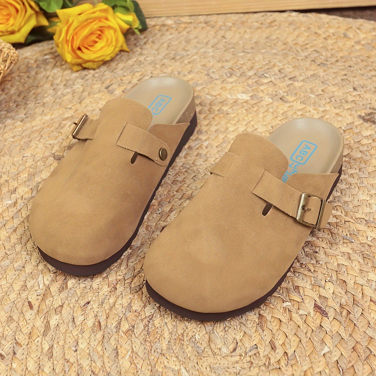 retro flat mules, womens retro flat mules solid color closed toe buckle strap slide shoes all match outdoor slides details 11