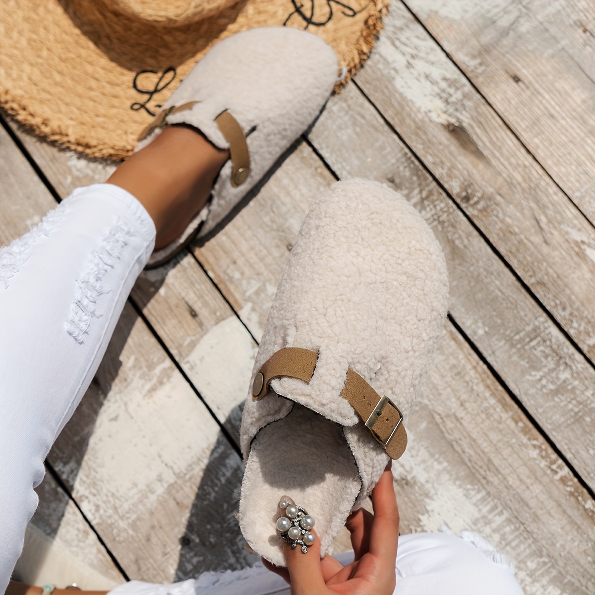 womens solid color fuzzy mules slip on soft sole lined warm shoes winter non slip plush shoes details 0