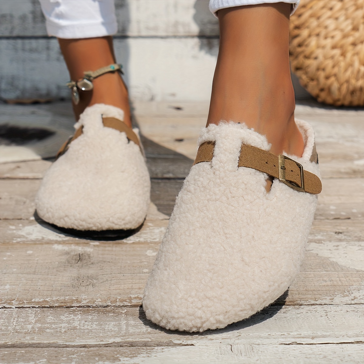 womens solid color fuzzy mules slip on soft sole lined warm shoes winter non slip plush shoes details 3