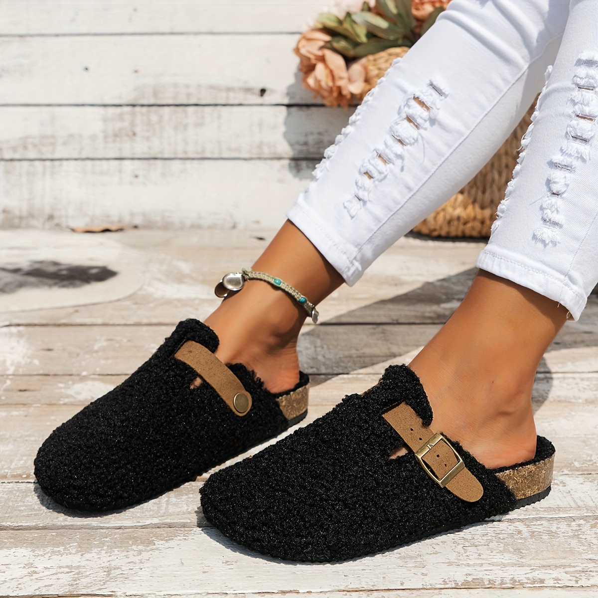 womens solid color fuzzy mules slip on soft sole lined warm shoes winter non slip plush shoes details 7